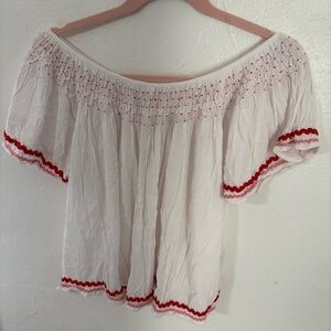 White and Red Smocked Women's Top
